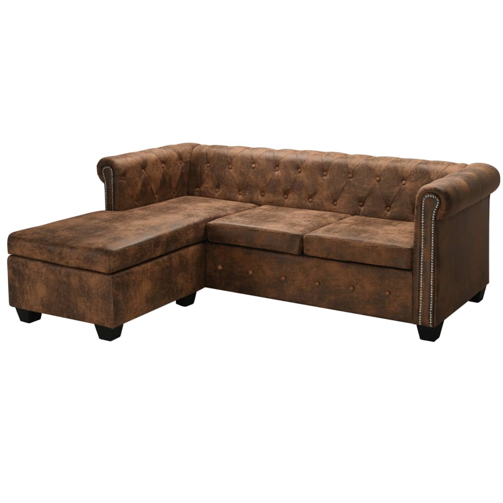 Sofa narożna w stylu Chesterfield, sztuczny zamsz, brązowa