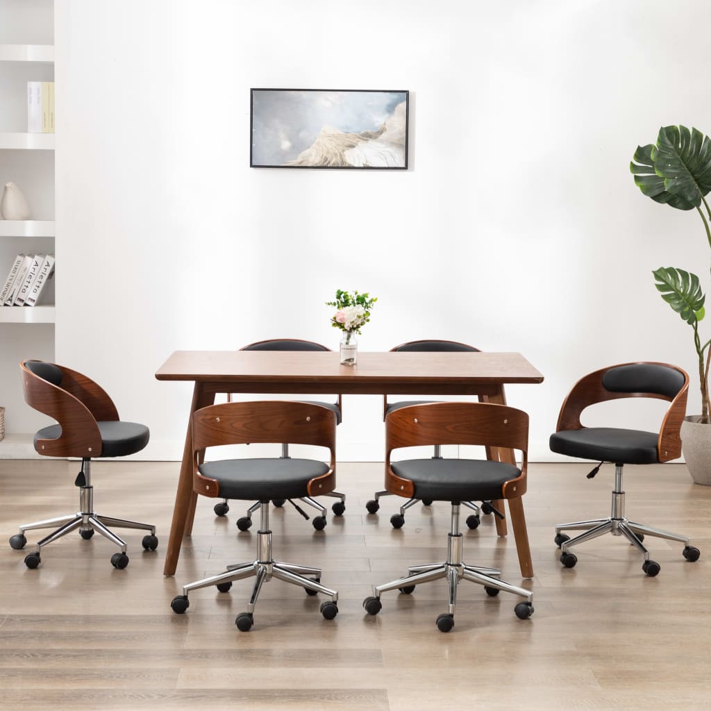 Krzesła obrotowe, 6 szt., czarne, gięte drewno i sztuczna skóra