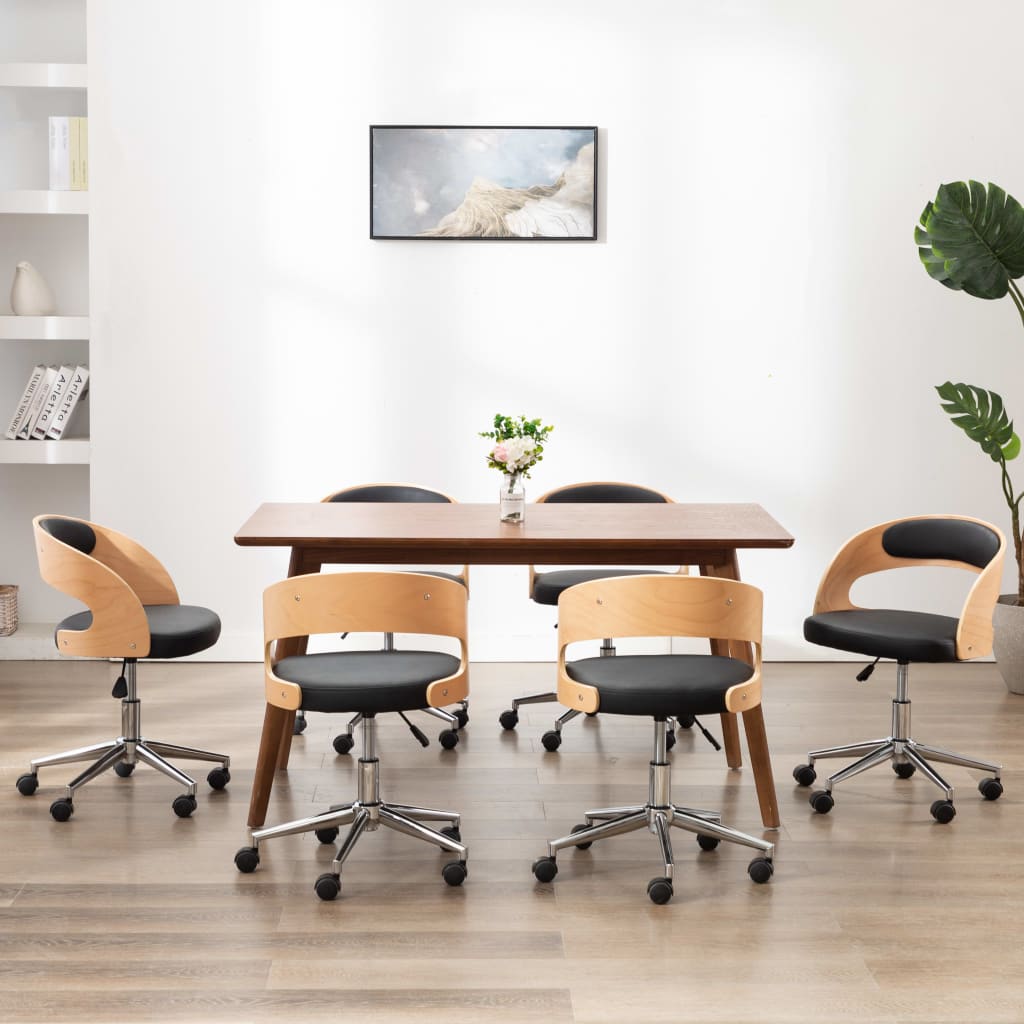 Krzesła obrotowe, 6 szt., czarne, gięte drewno i sztuczna skóra