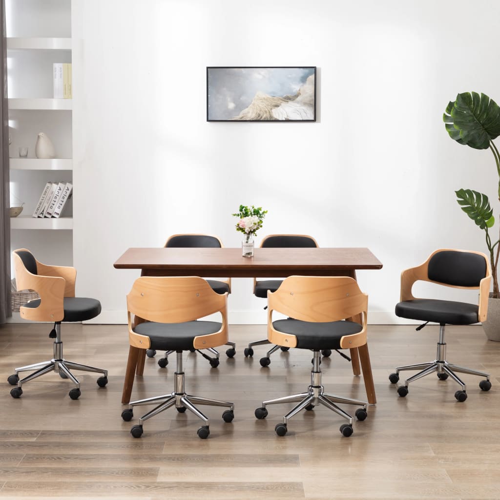 Krzesła obrotowe, 6 szt., czarne, gięte drewno i sztuczna skóra