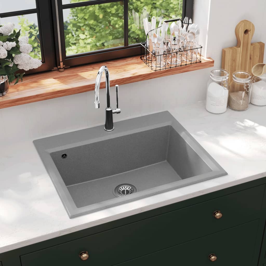 Zlew kuchenny z otworem przelewowym, szary, granitowy