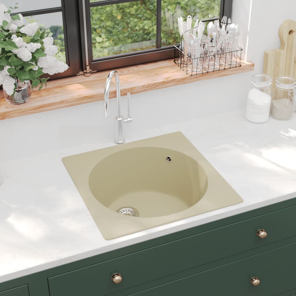 Zlew kuchenny z otworem przelewowym, beżowy, granitowy