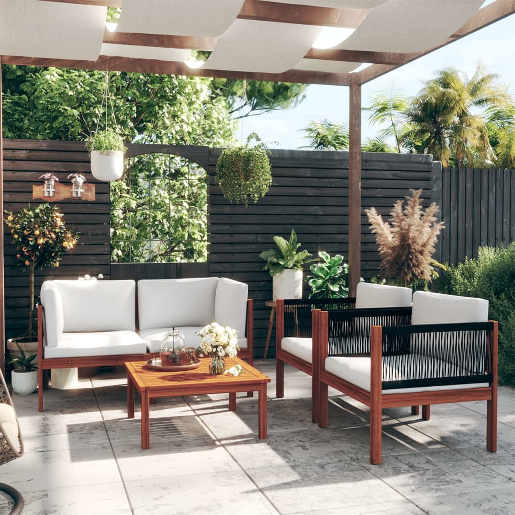 5-częściowy zestaw wypoczynkowy do ogrodu z poduszkami, kremowe drewno akacjowe i lina